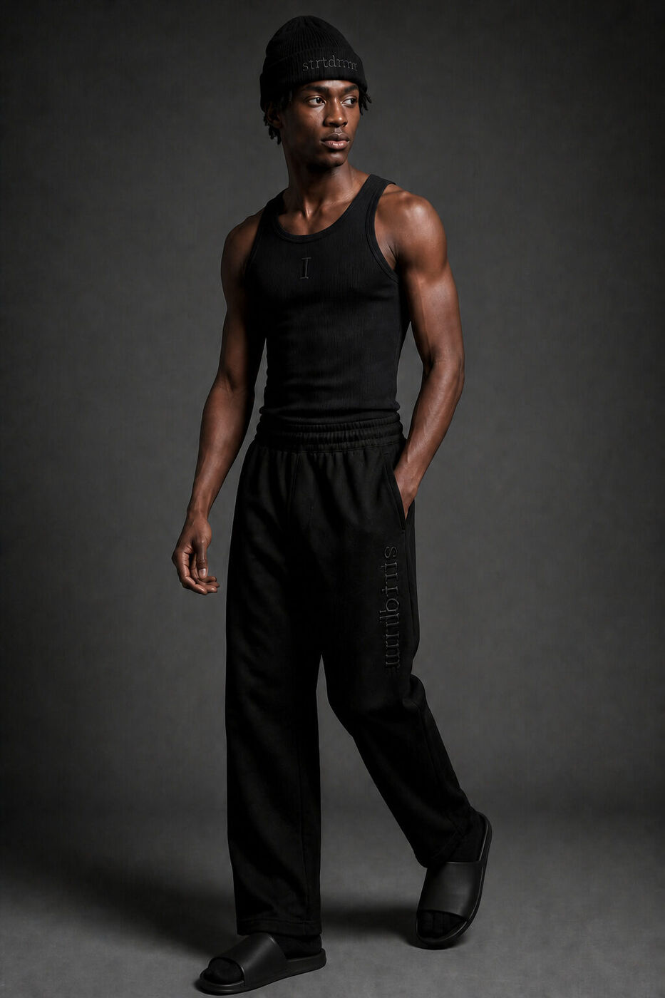 Ribbed tank and twill pants with a strtdrmr beanie