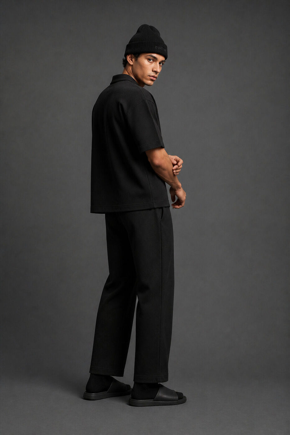 Button-up and tailored sweats with a strtdrmr beanie