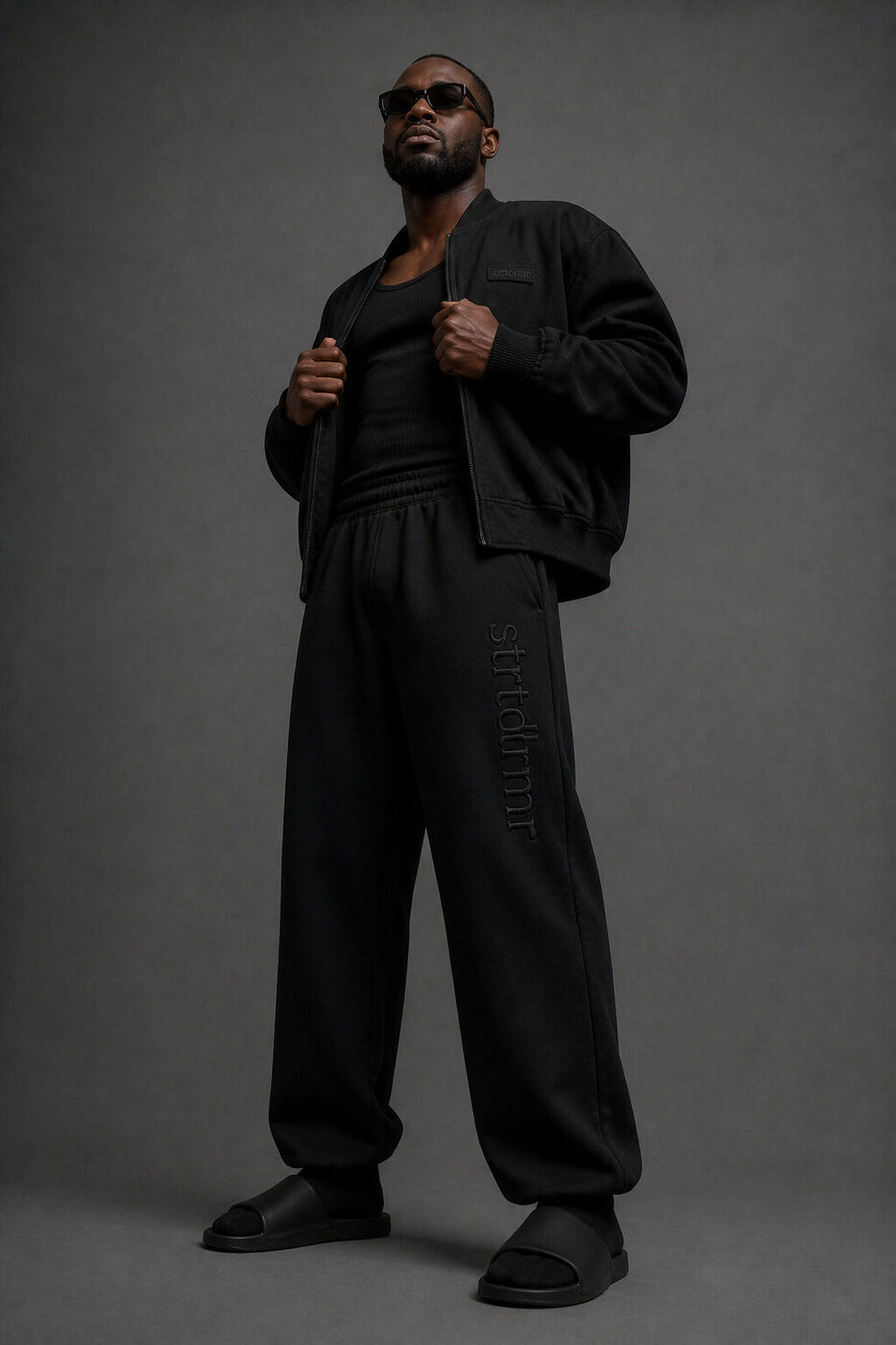 Twill bomber over the tank with twill pants and shades