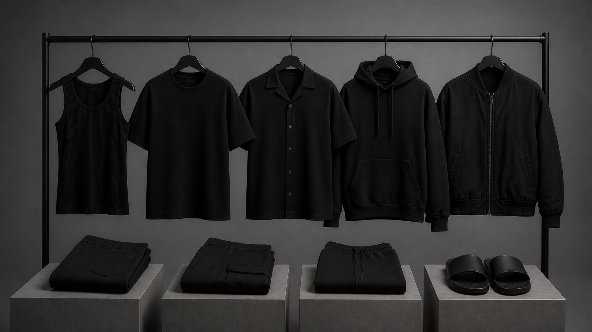 The strtdrmr Collection I wardrobe on a black rail, folded pieces and slides below